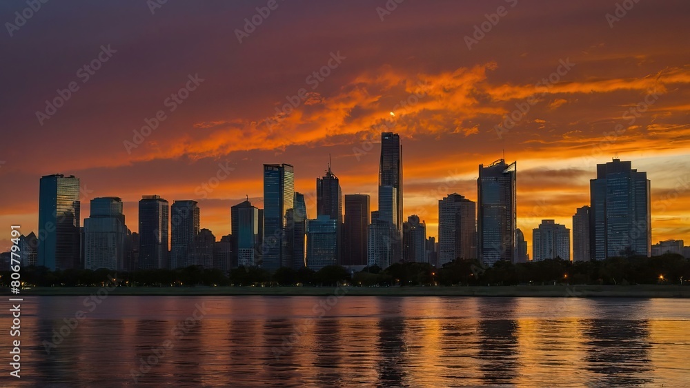 Silhouetted city skyline against a vibrant, fiery sunset