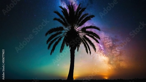 Palm tree silhouette under a starry galaxy sky at sunset