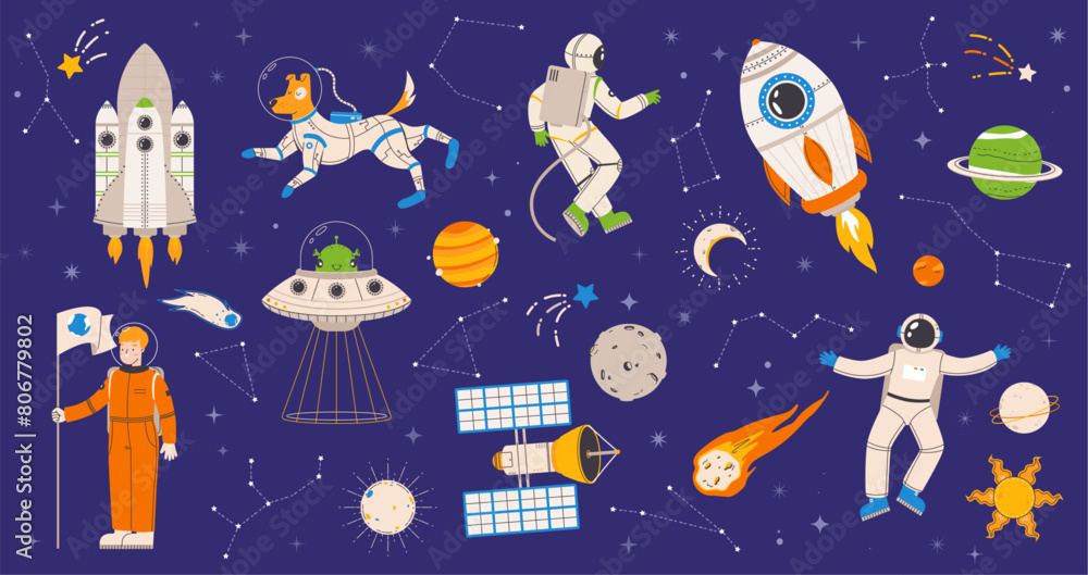 Naklejka premium Space explorers set. Ufo in spaceship, satellite and astronauts. Different cartoon cosmonauts, star constellation and planets, snugly vector set