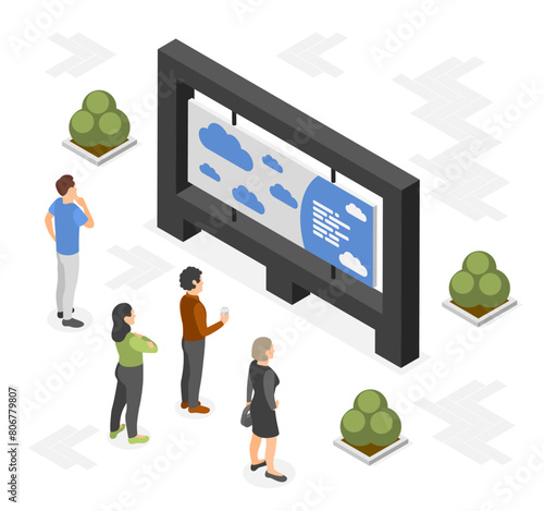 Isometric street ad billboard. Outdoor urban advertising and modern people. Marketing and promotion service, company display flawless vector scene © MicroOne