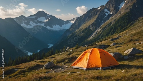An orange tent in the mountains during a peaceful sunset