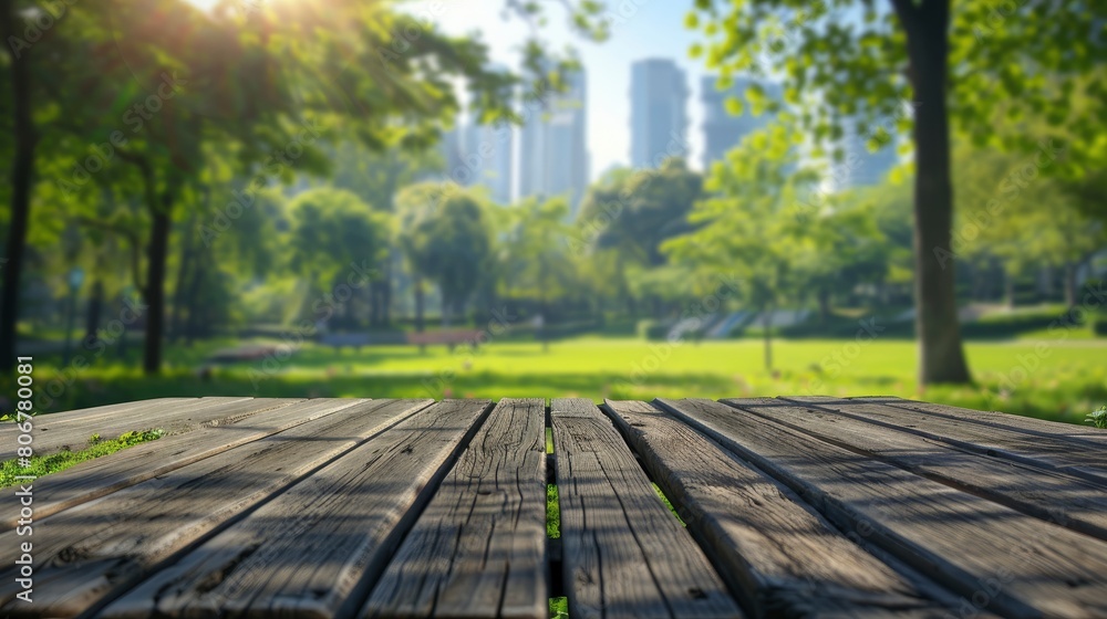 Fototapeta premium Blurred City Park With An Empty Wooden Table, Cartoon Background