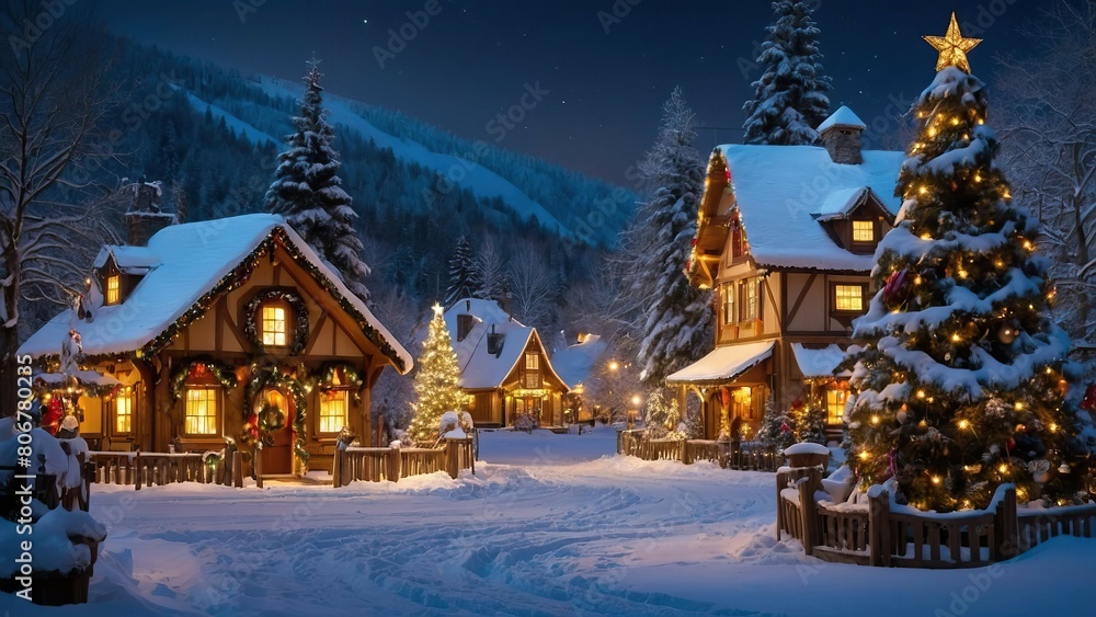 Snowy evening in a festive, illuminated Christmas village Snowy evening in a festive, illuminated Christmas village