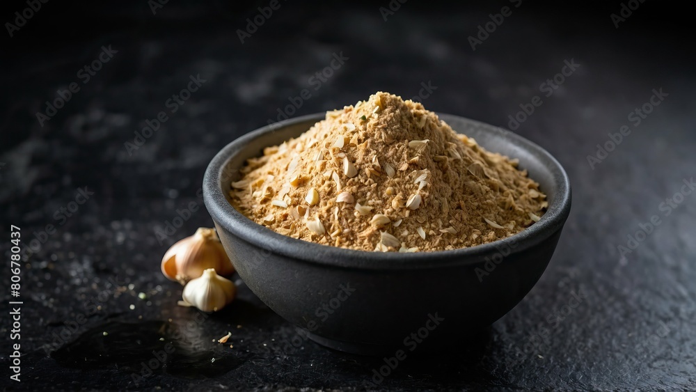 Heap of aromatic garlic powder with flakes on a slate plate Heap of aromatic garlic powder with flakes on a slate plate