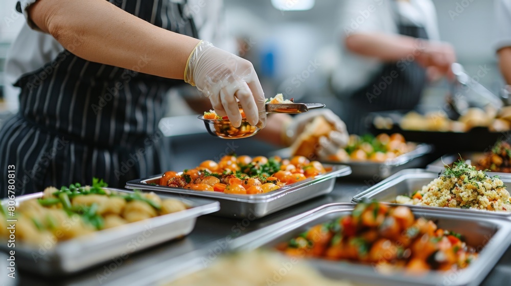 a professional cook placing food on her stainless steel kitchen table.