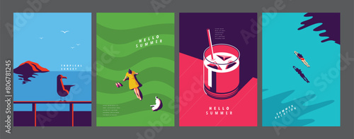 Summer layout set, poster banner template, flat vector, colorful minimal illustration
