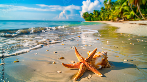 Estrella de mar apoyada en una caracola en una playa desierta photo