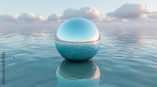   An egg atop tranquil water in the heart of the ocean  enshrouded by clouded skies