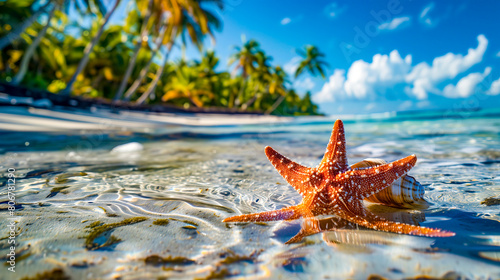 Estrella de mar apoyada en una caracola en una playa desierta photo