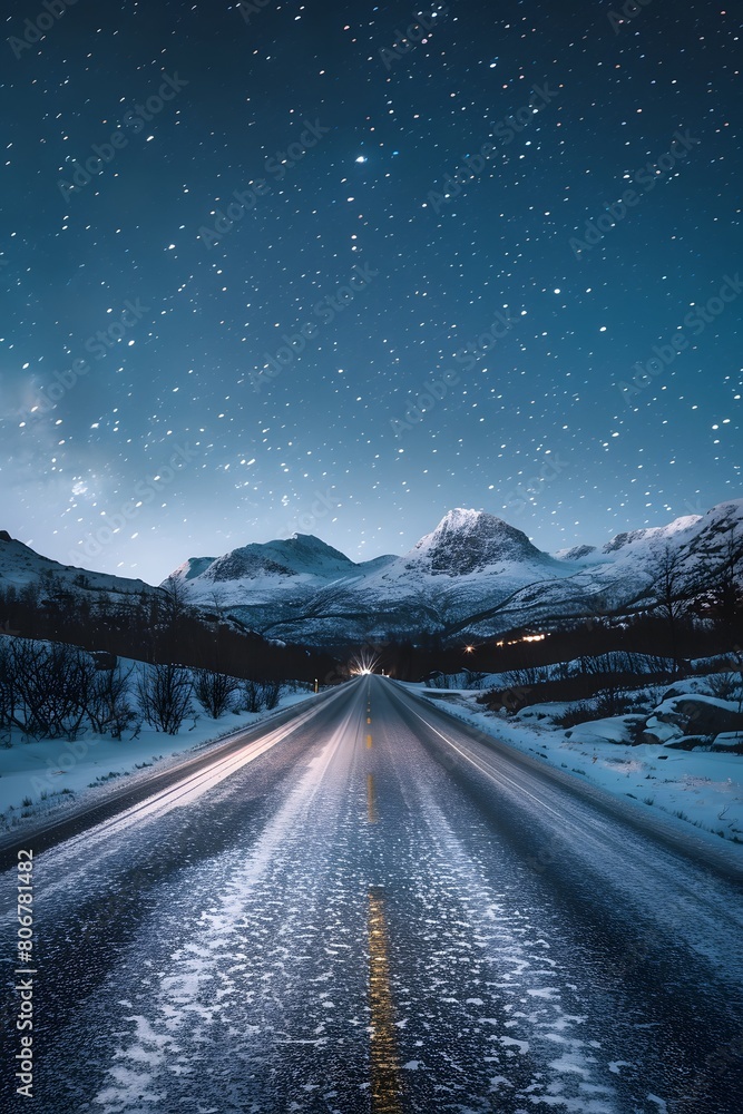 A long road leading to the distance, snow-covered mountains under a starry sky