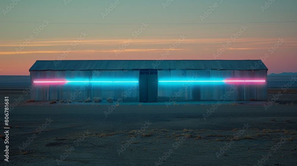 a horizontally long corrugated steel facade front with vertical strips of LED lights visualizing the sound waves.