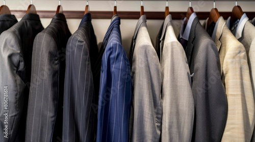 Customized suits in various colors and materials on rosewood shelves.