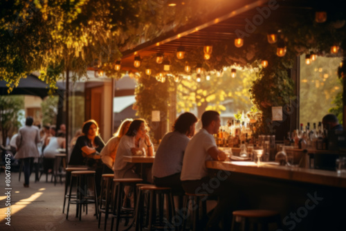 Cozy Outdoor Evening at a Bustling Urban Bar with Hanging Lights