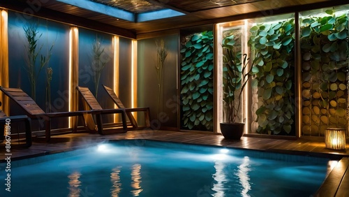 Modern steam room with eucalyptus vapors and wooden benches