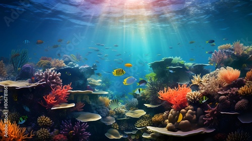 Underwater panoramic view of coral reef and tropical fish. © Michelle