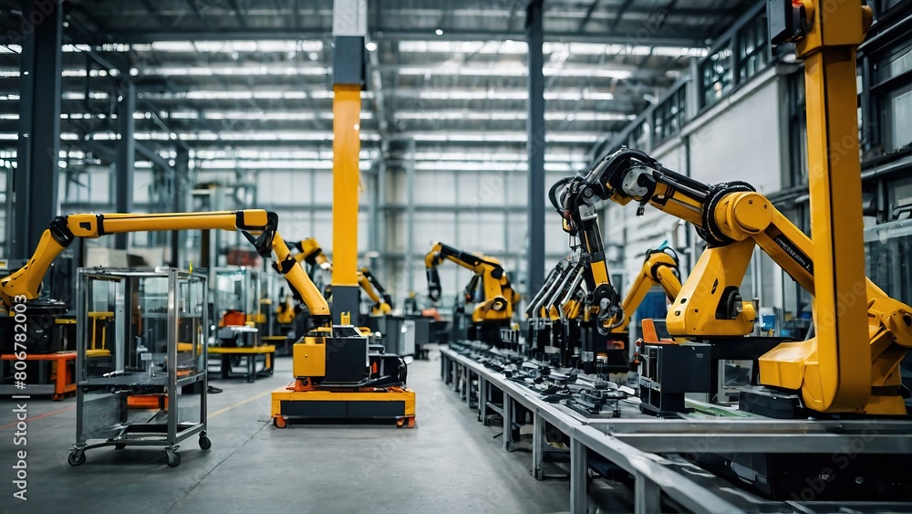 Row of robotic arms on an automated production line in a modern factory Row of robotic arms on an automated production line in a modern factory