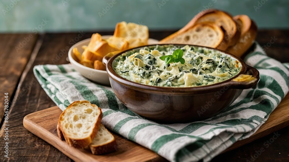 Creamy spinach and artichoke dip served with sliced bread Creamy spinach and artichoke dip served with sliced bread