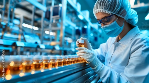 pharmaceutical lab worker examining medical vials on conveyor belt in a pharma factory.
