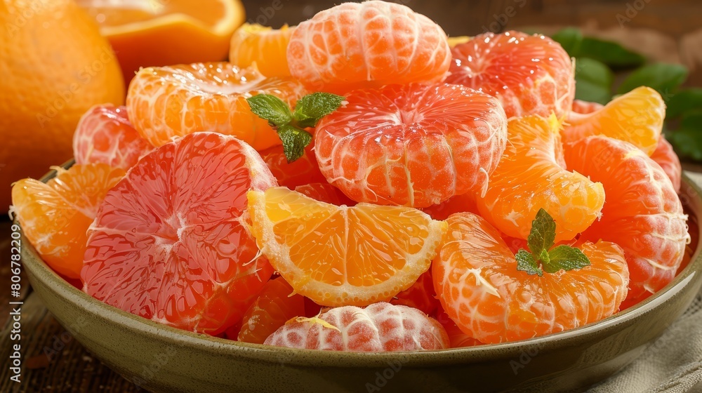 A table holds a bowl brimming with oranges and grapefruits Nearby, a green leaf rests A table holds a bowl brimming with oranges and grapefruits Nearby, a green leaf rests