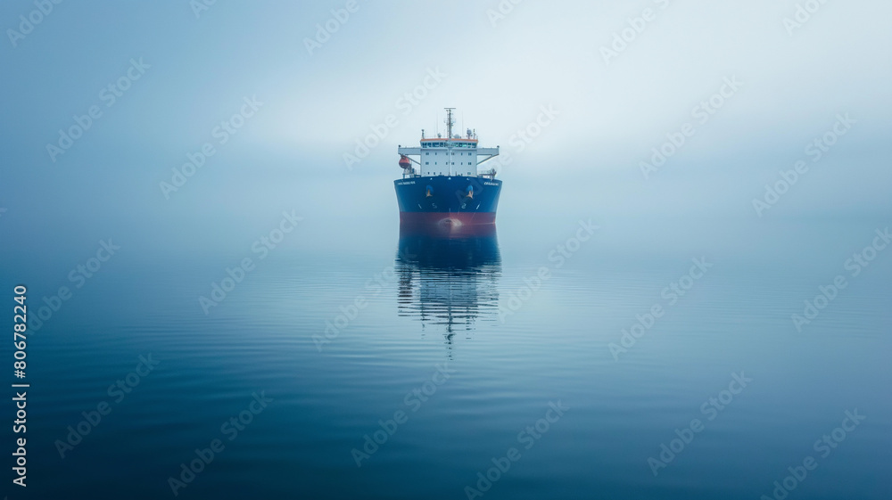 Chemical tanker sailing in the blue sea with a foggy atmosphere at sea Chemical tanker sailing in the blue sea with a foggy atmosphere at sea