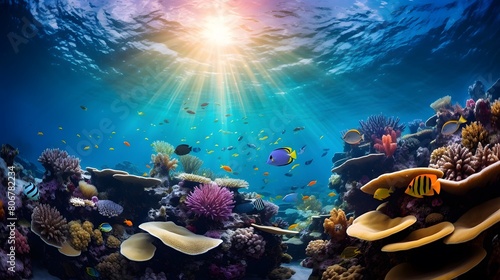 Underwater panorama of coral reef. Panorama of underwater world with corals and tropical fish