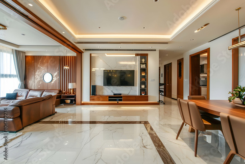 Modern Chinese style living room with white marble floor tiles, TV on the background wall and dining table in a light brown color scheme, wooden door frames, sofa chairs with leather armrests