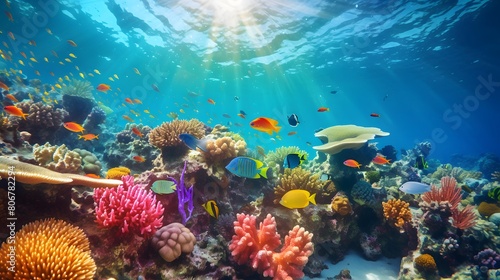 Underwater panorama of coral reef with tropical fish. Underwater panorama