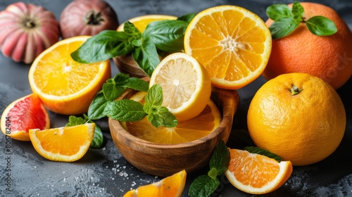   A wooden bowl  brimming with sliced oranges  sits on a table  surrounded by additional oranges and other fruits