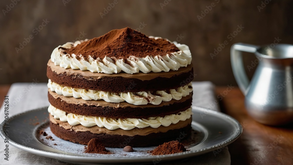 Layered tiramisu cake with whipped cream and cocoa on a plate Layered tiramisu cake with whipped cream and cocoa on a plate