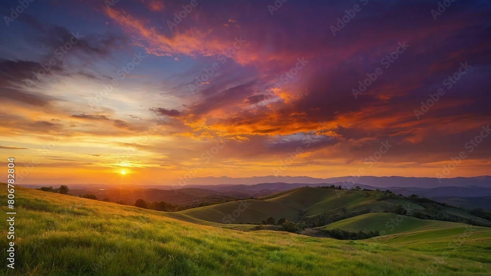 Vibrant sunset over serene rolling hills under a painted sky