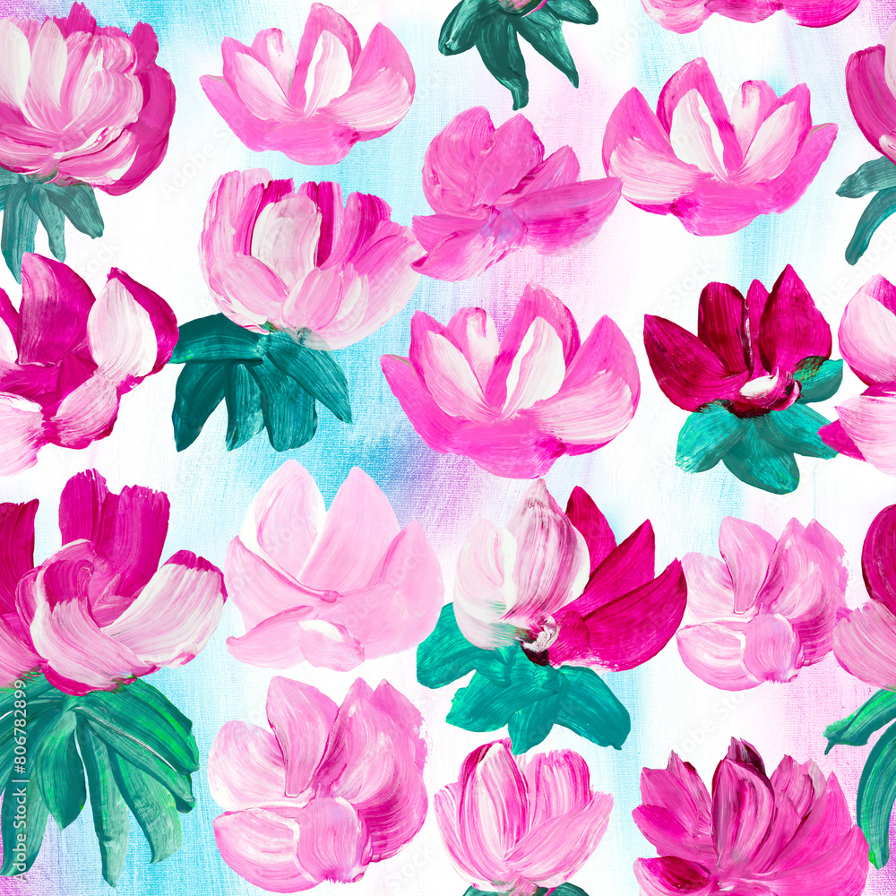 Seamless pattern of abstract painting pink flowers, original hand drawn, impressionism style, color texture, brush strokes of paint, art background. Seamless pattern of abstract painting pink flowers, original hand drawn, impressionism style, color texture, brush strokes of paint, art background.