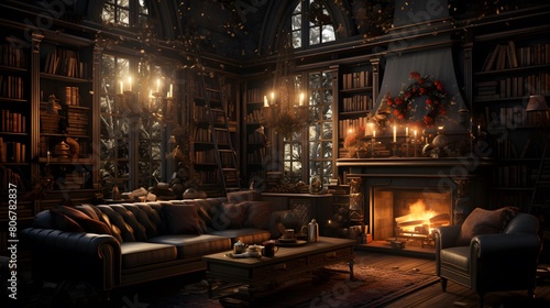 Luxury interior with fireplace and bookshelf. 3d render © Michelle