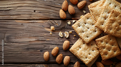 Board cracker and unpeeled almond nuts on wooden background photo