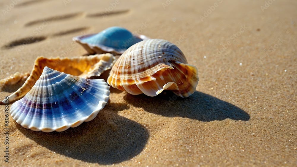 Colorful seashells scattered on sandy beach Colorful seashells scattered on sandy beach