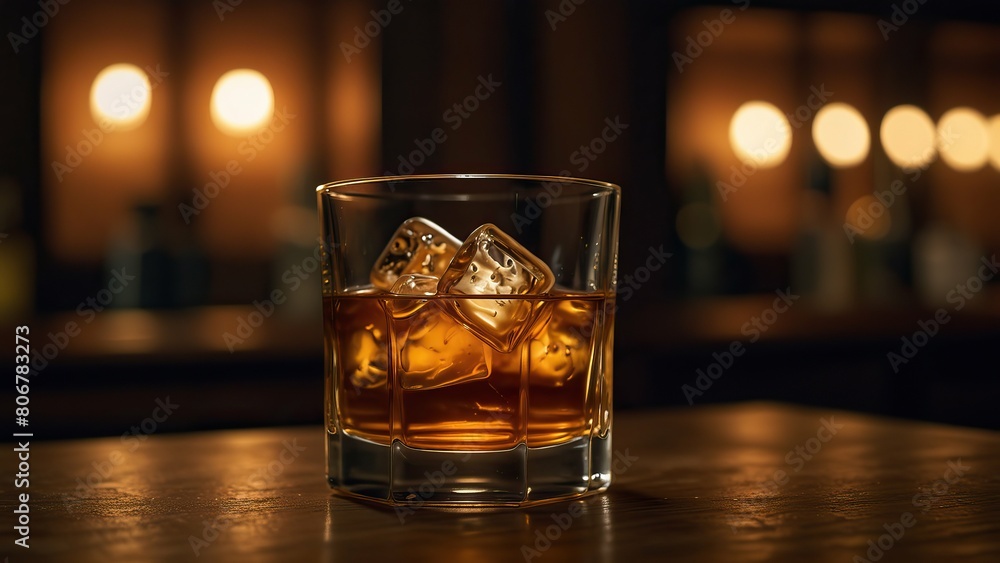 Warmly lit glass of bourbon with ice on a wooden surface Warmly lit glass of bourbon with ice on a wooden surface