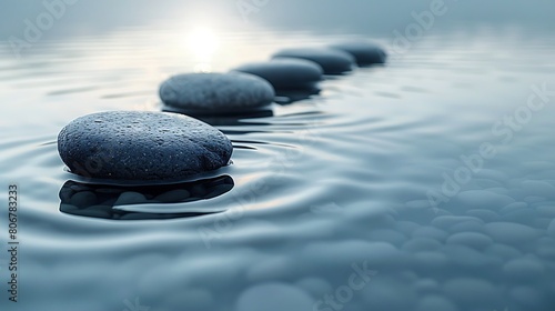 A peaceful Zen garden scene featuring smooth pebbles and gentle ripples across a tranquil blue pond, reflecting the serene sky above.