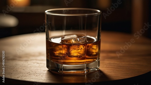 Warmly lit glass of bourbon with ice on a wooden surface