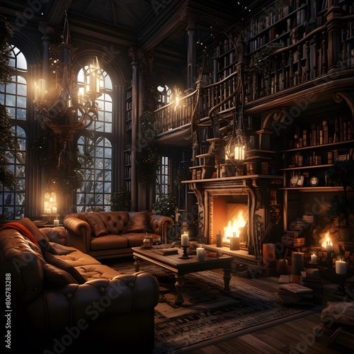 3D rendering of an old room with a fireplace and a sofa