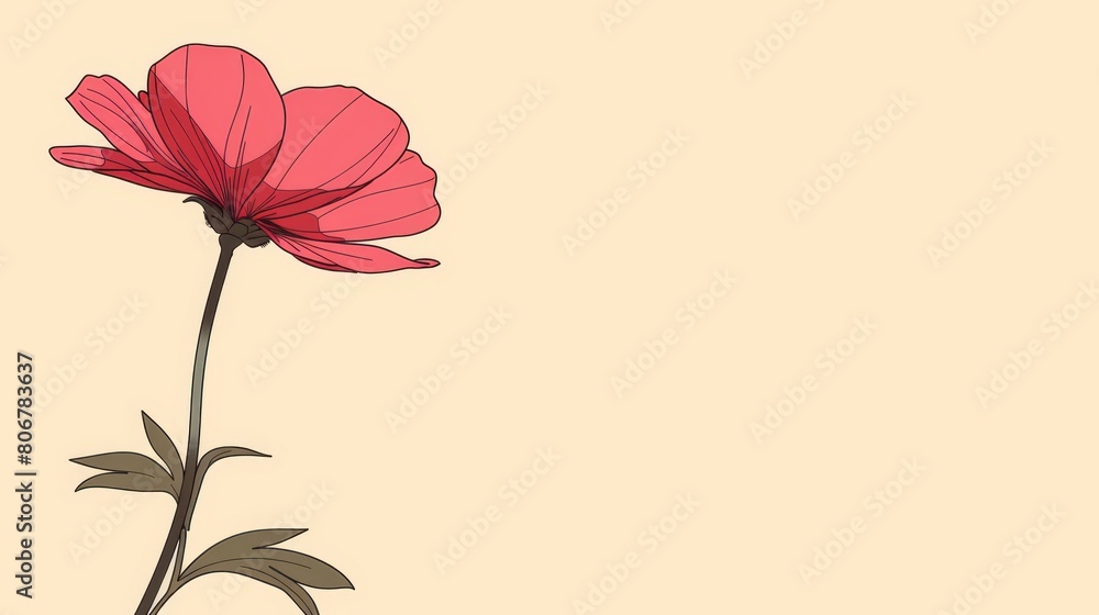 Naklejka premium A solitary red flower against a beige backdrop; its green stem anchors it in the image's center