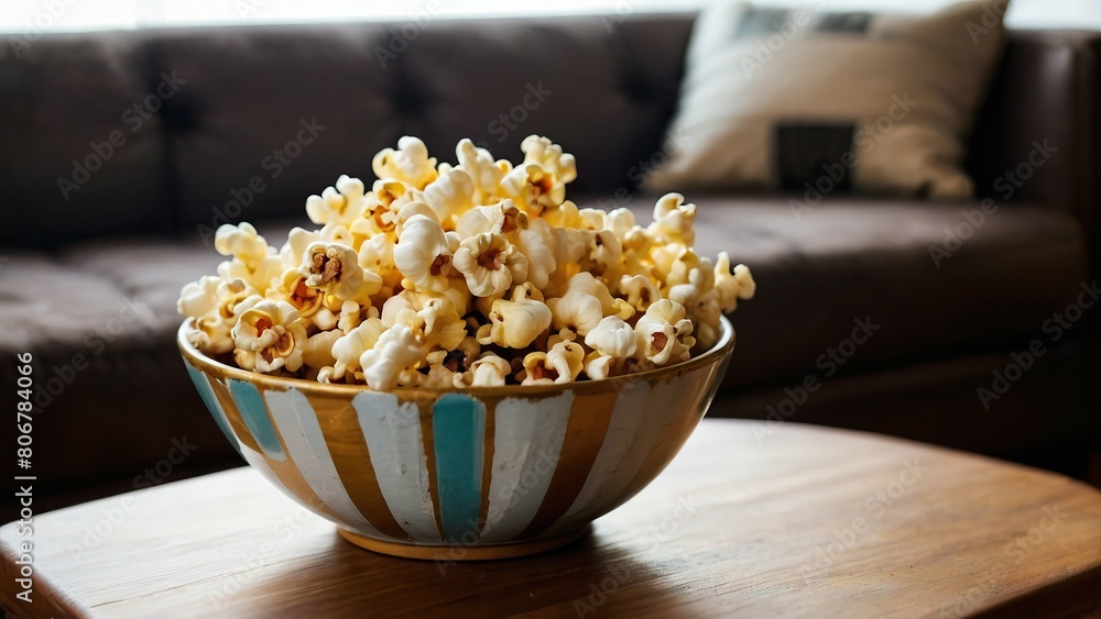 Cozy bowl of popcorn on a wooden table with soft background Cozy bowl of popcorn on a wooden table with soft background