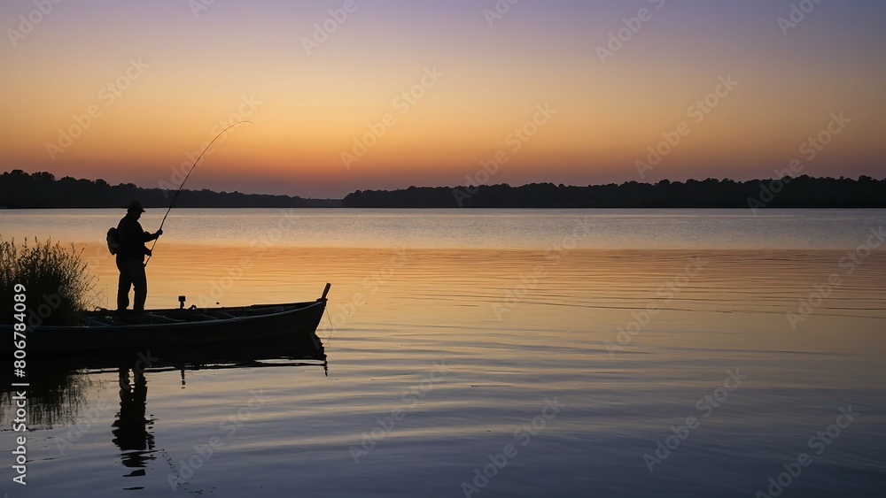 Silhouetted fisherman casting a line at sunset on a lake