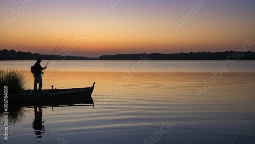 Silhouetted fisherman casting a line at sunset on a lake