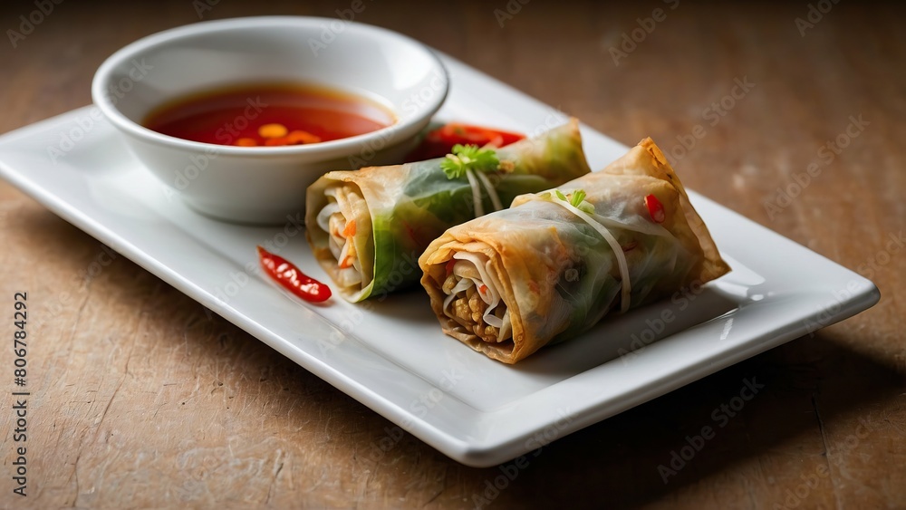 Golden spring rolls on plate with dipping sauces on wooden table