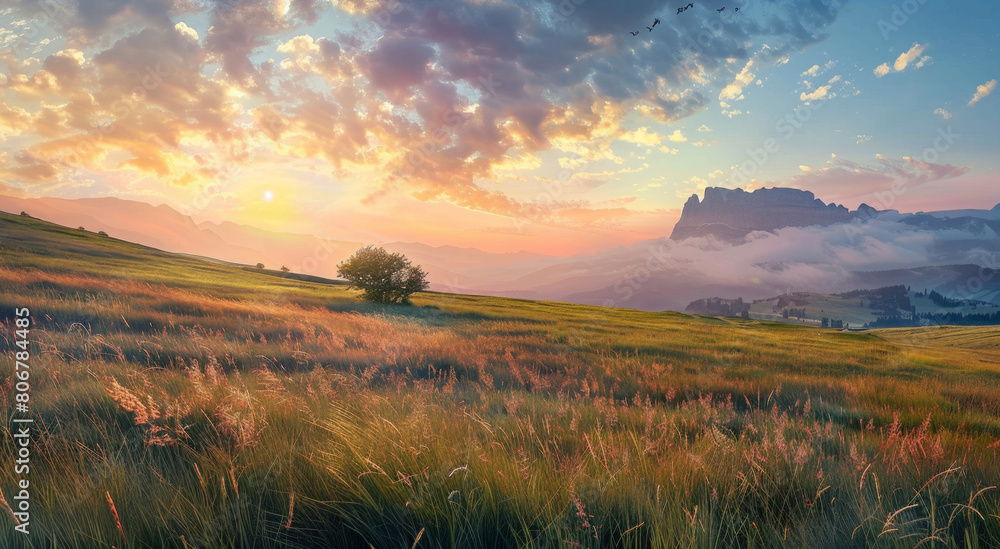 Golden Sunset Over Tranquil Meadow with Distant Mountains and Lush Grasslands