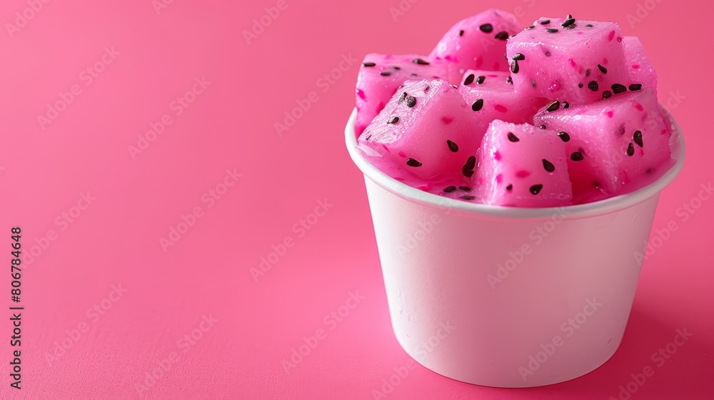 A pink table holds a cup brimming with watermelon cubes, accompanied by another cup containing watermelon nearby A pink table holds a cup brimming with watermelon cubes, accompanied by another cup containing watermelon nearby
