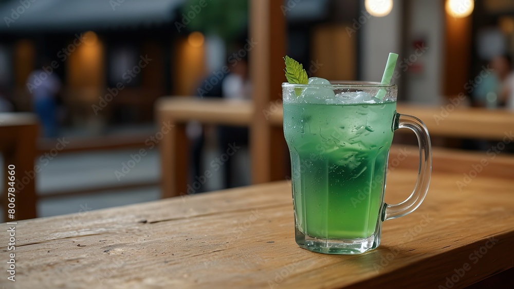 Soju cocktail with ice and lemon on a table with a lively patio background Soju cocktail with ice and lemon on a table with a lively patio background