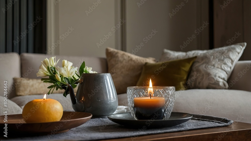 Cozy tea setting with lit candle Cozy tea setting with lit candle