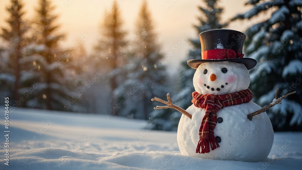 Obraz premium Snowman in a snowy forest at golden hour
