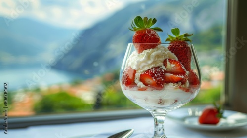 A parfait with strawberries and cream with a lake and mountains in the background. photo