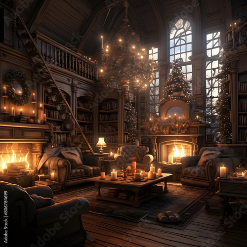 Christmas and New Year interior with fireplace and Christmas tree. 3D rendering